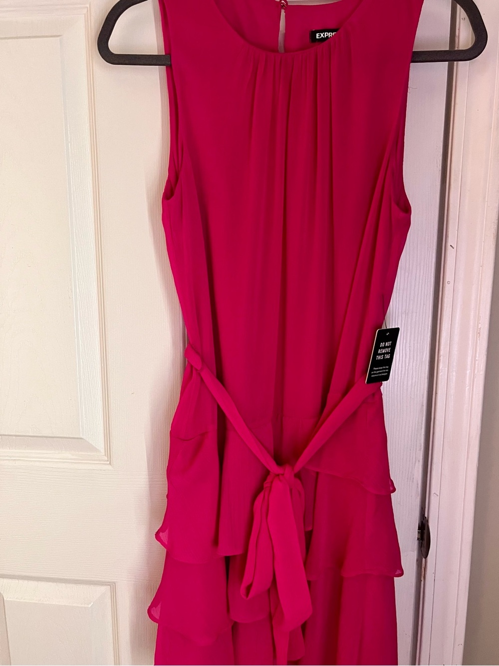 Express Women’s Sleeveless Hot Pink Tiered Tie-Waist Midi Dress